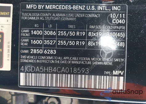 2012 Mercedes-Benz Ml 350 4Matic из США, поврежденный, VIN 4JGDA5HB4CA018593